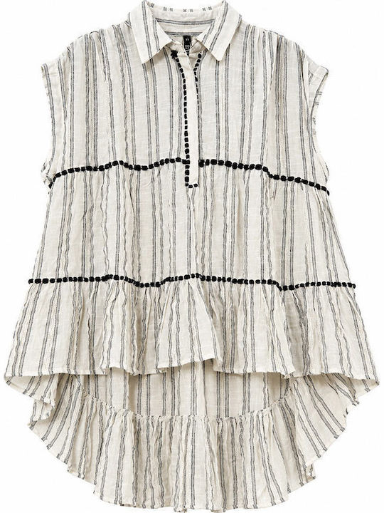 Women's Cotton Blouse with V-Neckline Striped Sand Stripes