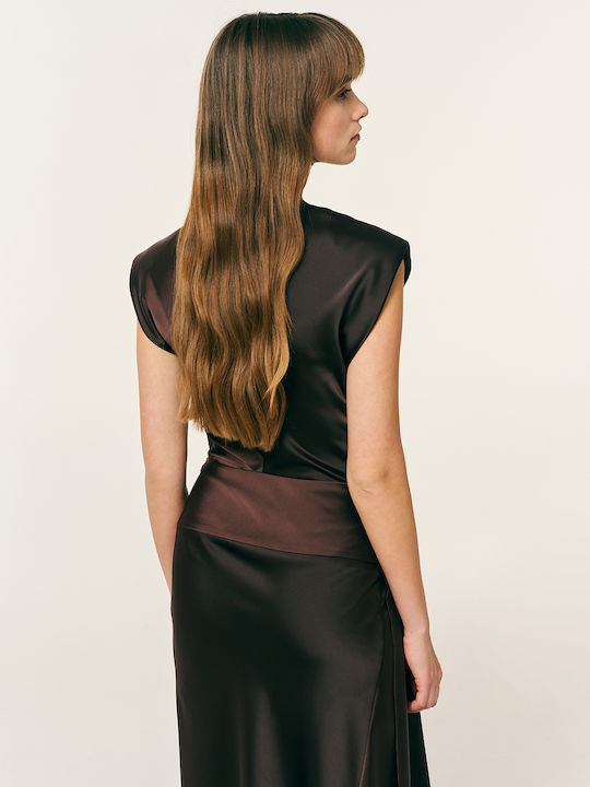 Summer Midi Evening Dress Satin Wrap Chocolate