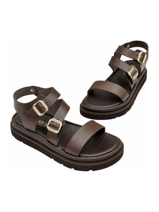 Δερμάτινα Γυναικεία Σανδάλια Flatforms Καφέ
