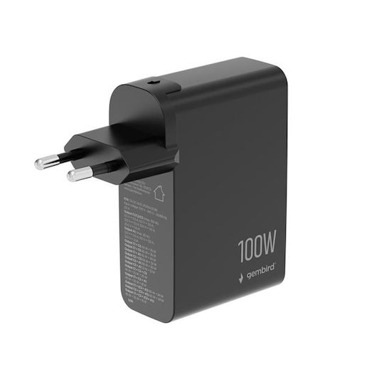 Gembird GaN Charger Without Cable with USB-A Port and 3 USB-C Ports 100W Power Delivery / Quick Charge 3.0 Black (TA-UC-1A3C-PD100-01-BK)
