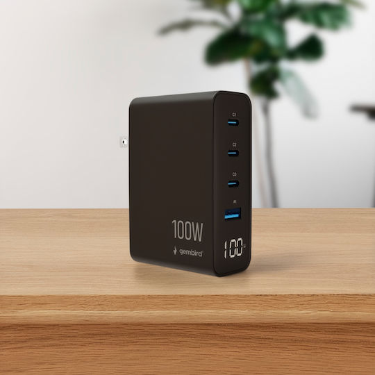 Gembird GaN Charger Without Cable with USB-A Port and 3 USB-C Ports 100W Power Delivery / Quick Charge 3.0 Black (TA-UC-1A3C-PD100-01-BK)