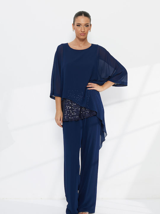 Women's Dark Blue Set with Trousers with Elastic in Relaxed Fit with Sequins