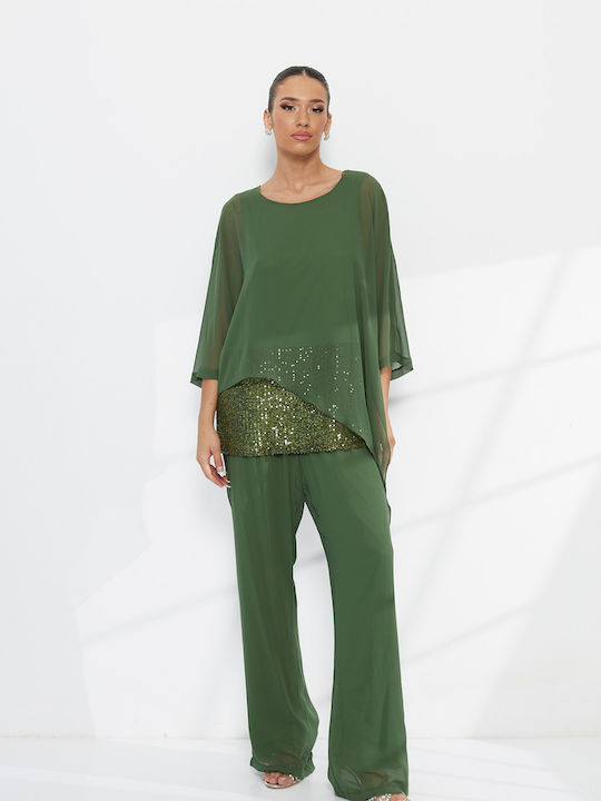 Damen Khaki Set mit Gummibandhose in Entspannte Passform mit Pailletten