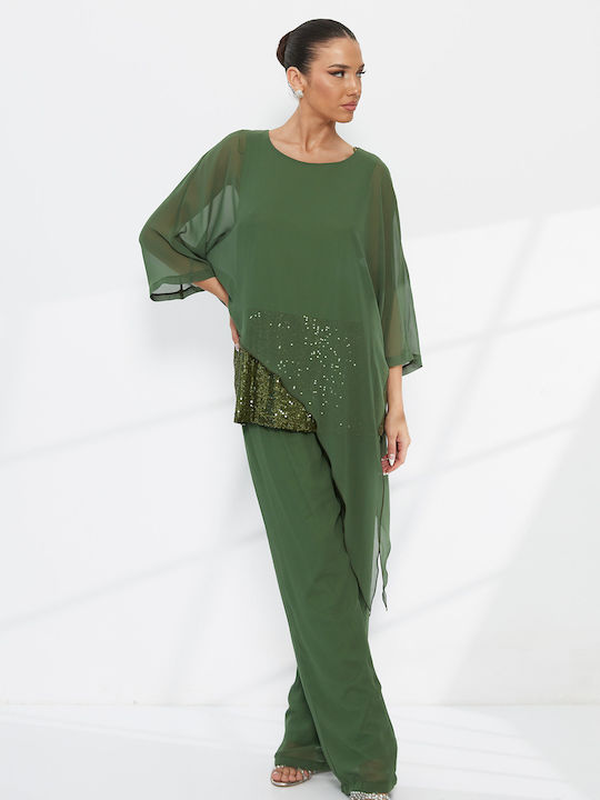 Damen Khaki Set mit Gummibandhose in Entspannte Passform mit Pailletten