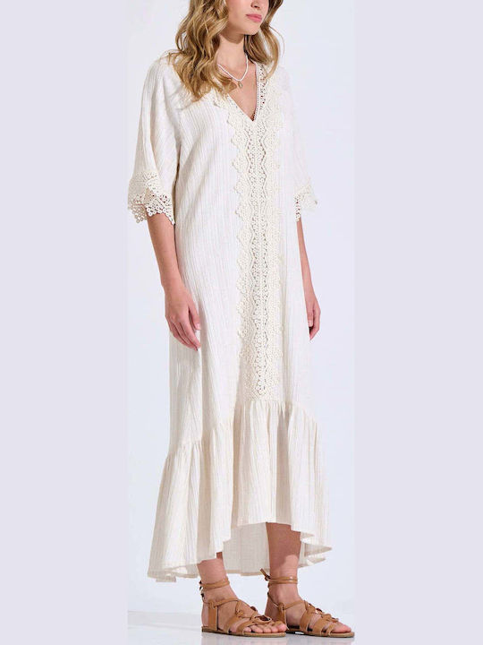 Summer Maxi Knitted Dress with Ruffles Ecru