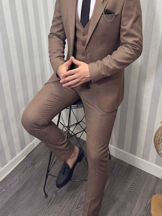 Men's Suit with Vest Slim Fit Brown