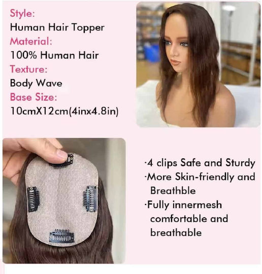 Women’s Hair Topper Toupee Human Hair 4 Clips 10cmx12cm Dark Chestnut #2 46 Cm