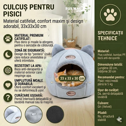 Katzenbett Samt Material Wasserdicht 33x33x30 cm Grau