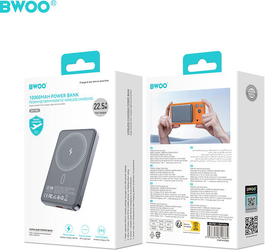 BWOO Power Bank 10000mAh 15W με Θύρα USB-A και Θύρα USB-C Γκρι