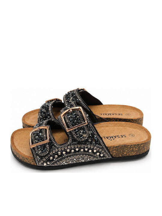 Damen Anatomische Flache Sandalen Schwarz