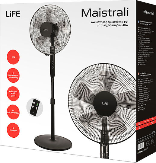 Life Maistrali Ανεμιστήρας Ορθοστάτης 40W Διαμέτρου 40.64cm με Τηλεχειριστήριο Μαύρος