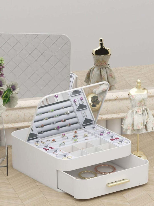 Stewehome Decorative Jewelry Organizer Mirror Drawer Automatic Opening White 22x20x8 Cm