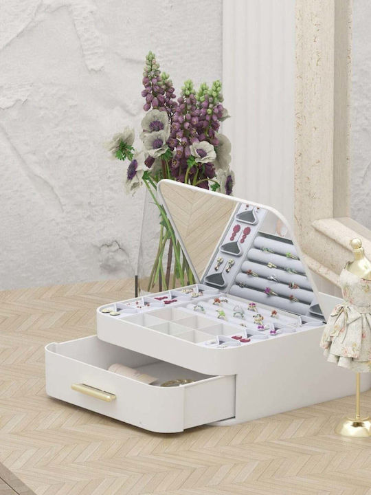 Stewehome Decorative Jewelry Organizer Mirror Drawer Automatic Opening White 22x20x8 Cm