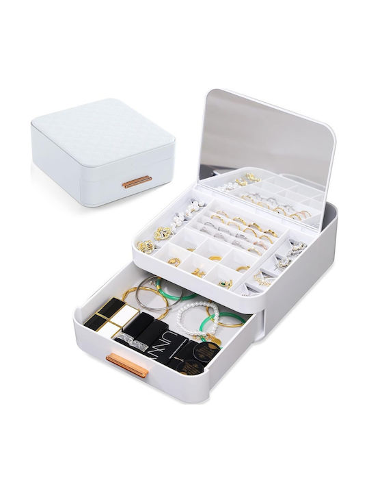 Stewehome Decorative Jewelry Organizer Mirror Drawer Automatic Opening White 22x20x8 Cm