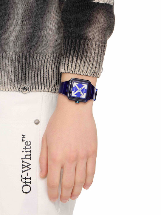 Off White Herrenuhr Batterie mit Blauem Gummiarmband