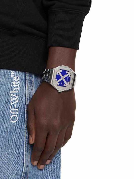 Off White Herrenuhr Batterie mit Silber Metall-Armband