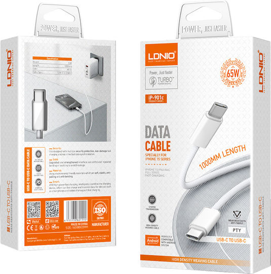 Ldnio Braided USB 2.0 Cable USB-C male - USB-C 65W Λευκό 1m