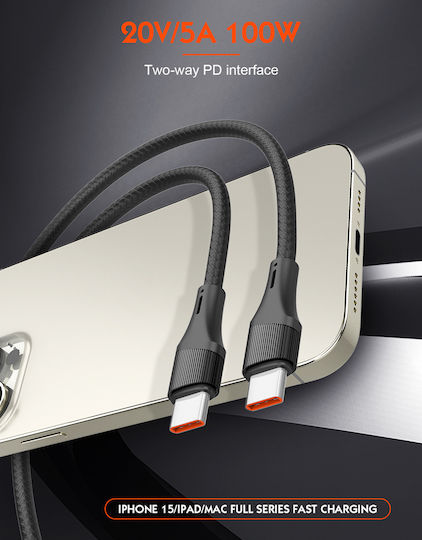 Ldnio Cablu USB 2.0 Braided USB-C Masculin - USB-C 100W Negru 2m
