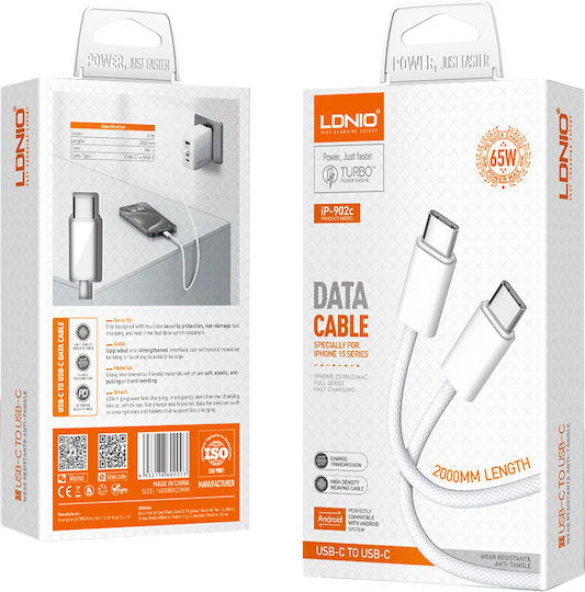 Ldnio Braided USB 2.0 Cable USB-C Male - USB-C 65W White 2m