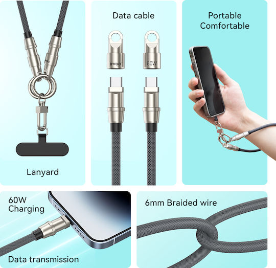 BWOO Cablu USB 2.0 USB-C Masculin - USB-C 60W PD Gri 0,3m