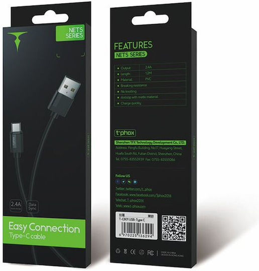 T-Phox USB 2.0 Cable USB-C male - USB-A Μαύρο 2m