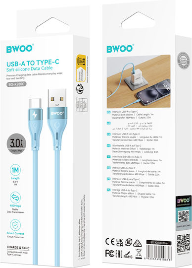 Bwoo Minimalist Silicone 3a Cable X280c Usb-a To Usb-c Blue 6933654810838