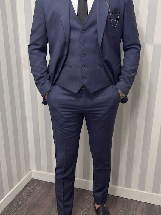 Men's Suit with Vest Slim Fit Blue