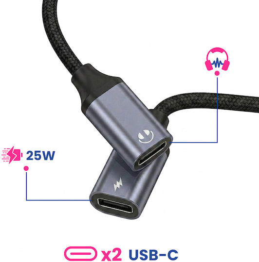 Bluestar Usb Adapter Aux 2-in-1 Typ C Männlich Zu Typ C Weiblich Typ C Weiblich Blue Star Schwarzer Dac Ladegerät Bis Zu 25w