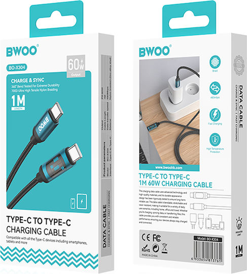 BWOO Geflochten / LED USB-C zu Lightning Kabel 27W Schwarz 1m