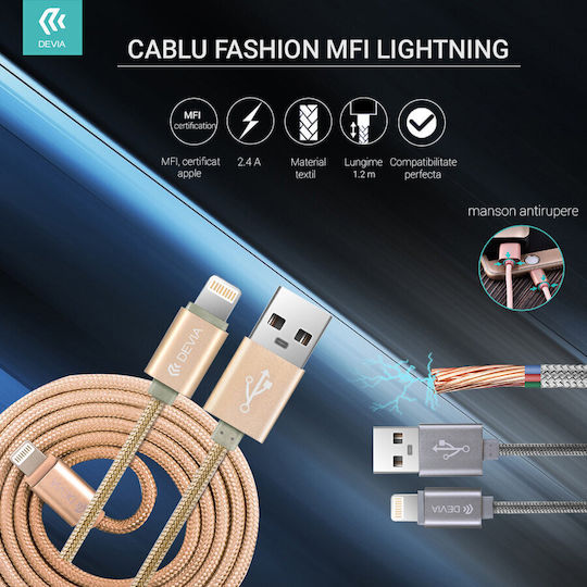 Devia MFI Geflochten USB-A zu Lightning-Kabel Gray 1.2m (BRA002460)