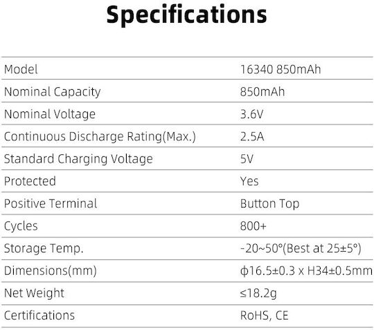 XTAR Επαναφορτιζόμενη Μπαταρία 16340 Li-ion 850mAh 3.7V 1τμχ