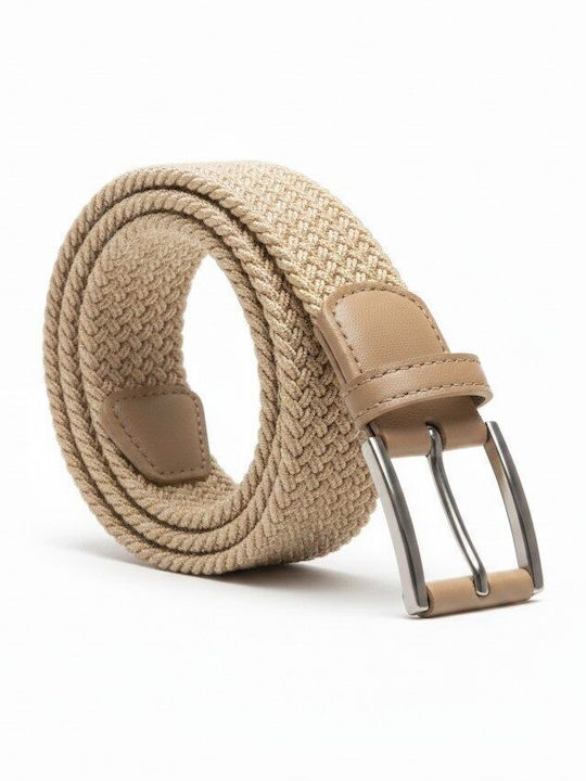 Elastic Men's Belt Made of Knitted Beige Artificial Leather