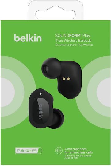 Belkin Soundform Play True In-ear Bluetooth Handsfree Ακουστικά με Αντοχή στον Ιδρώτα και Θήκη Φόρτισης Μαύρα