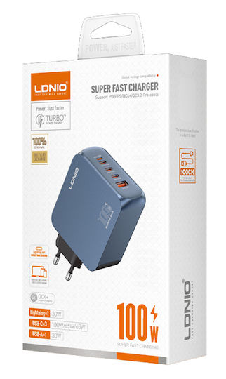 Ldnio GaN Charger With USB-A Port And 3 USB-C Ports And USB-C Cable 100W Power Delivery Quick Charge 3.0 Blue Q8