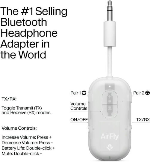 Twelve South Bluetooth Audio Adapter 3.5mm Jack Plug Model Airfly Pro 2 White Transparent