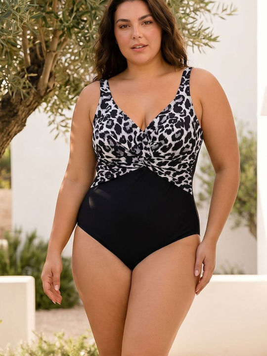 One Piece Swimsuit With Light Padding Animal Print Black