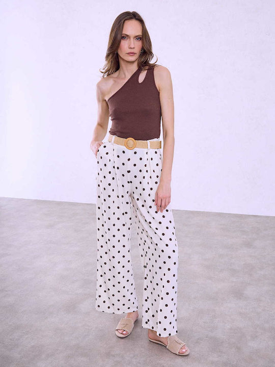 Celestino Women's Trousers Polka Dot Straw Belt Ecru