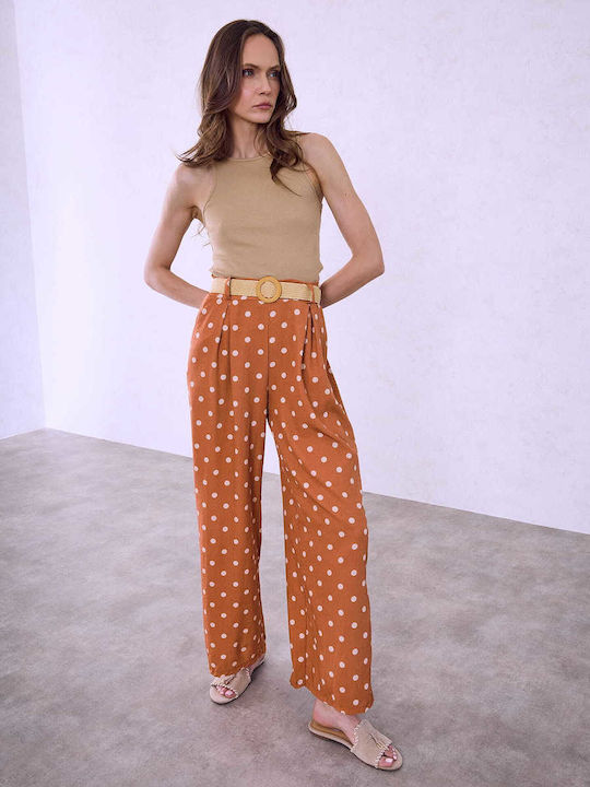 Celestino Women's Polka Dot Trousers with Woven Belt Terracotta