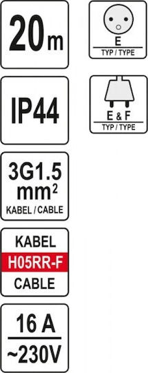 Yato Waterproof Extension Reel Cord 3 x 1.5mm²/20m Black