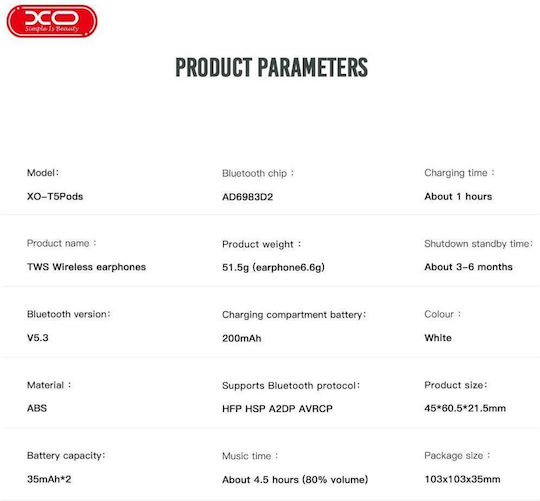 XO T5 In-ear Bluetooth Handsfree Ακουστικά με Θήκη Φόρτισης Λευκά