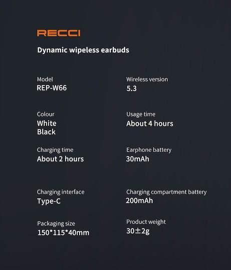 Recci Dynamic In-ear Bluetooth Handsfree Ακουστικά με Θήκη Φόρτισης Μαύρα