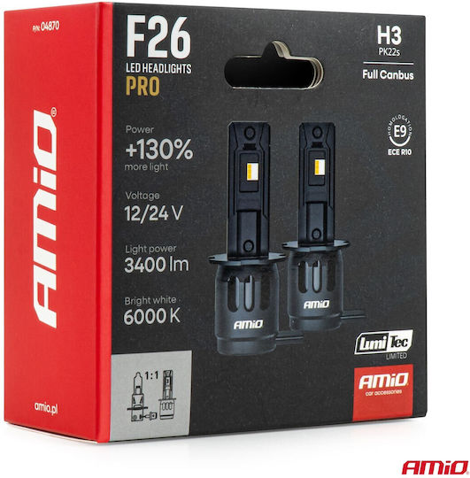 AMiO LED Car Lamps F26 Pro Series H3 12/24V 68W 2900-3550LM 6000K Full Can-Bus Plug&Play 2 Pcs 04870/AM 04870/AM 04870/AM