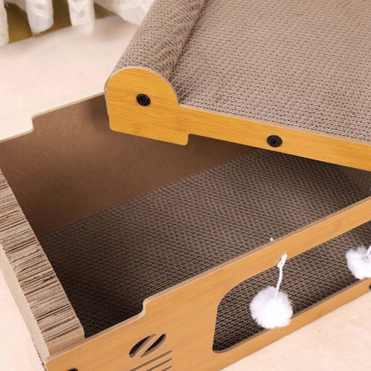3 în 1 Căsuță pentru Pisici Zola Spațiu de Zgâriat 2 Jucării Material Hdf Carton Ondulat 56 X 27.5 X 30 Cm Maro