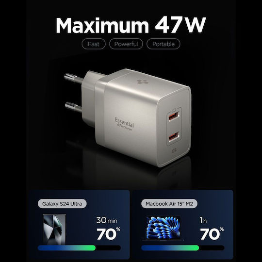 Spigen GaN Charger Without Cable with 2 USB-C Ports 47W Power Delivery / Quick Charge 3.0 Natural Titanium (Essential)