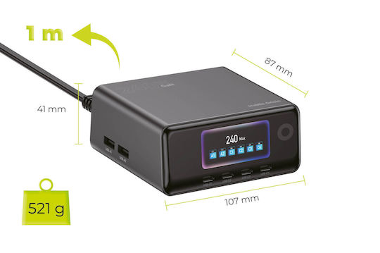Mobile Origin Βάση Φόρτισης GaN με 2 Θύρες USB-A και 4 Θύρες USB-C 240W Power Delivery / Quick Charge 3.0 / Quick Charge 2.0 σε Μαύρο χρώμα (PW39)