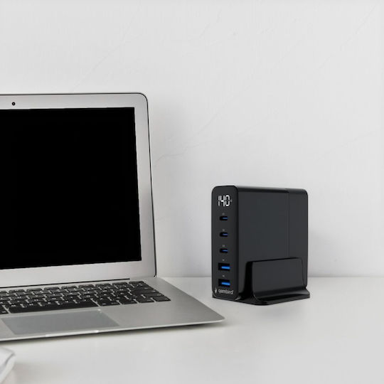 Gembird GaN Charging Station with 2 USB-A Ports and 3 USB-C Ports 140W Power Delivery / Quick Charge 3.0 in Black Colour (TA-UC-2A3C-PD140-01-BK)