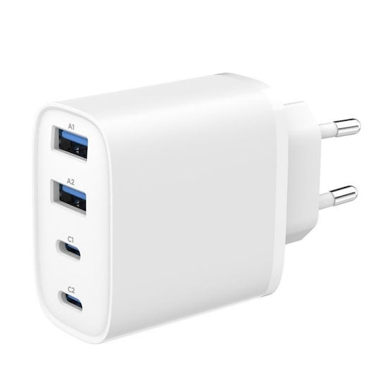 Gembird GaN Wall Charger Without Cable with 2 USB-A Ports and 2 USB-C Ports 40W Power Delivery / Quick Charge 3.0 White (TA-UC-2A2C-PD40-01-W)