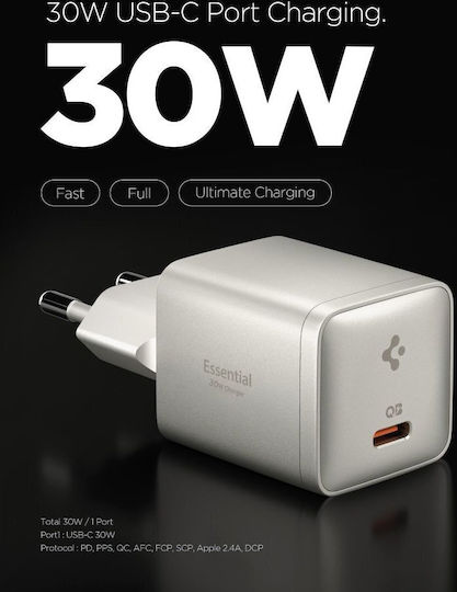 Spigen Φορτιστής Χωρίς Καλώδιο GaN με Θύρα USB-C 30W Power Delivery / Quick Charge 3.0 / Quick Charge 2.0 Μπεζ (Essential)
