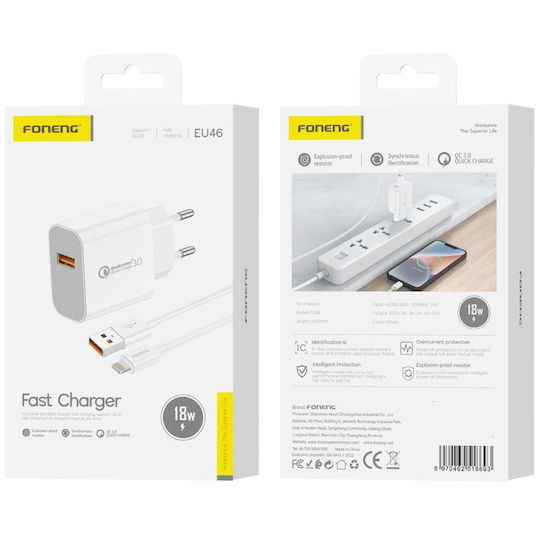 Foneng Ladegerät mit USB-A Anschluss und Kabel Blitzschlag 18W Schnellaufladung 3.0 Weißs (EU46)