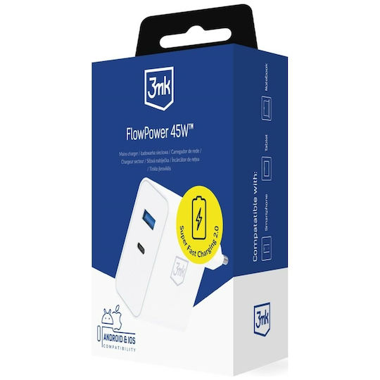 3MK Φορτιστής Χωρίς Καλώδιο GaN με Θύρα USB-A και Θύρα USB-C 45W Power Delivery / Quick Charge 4+ Λευκός (FlowPower)